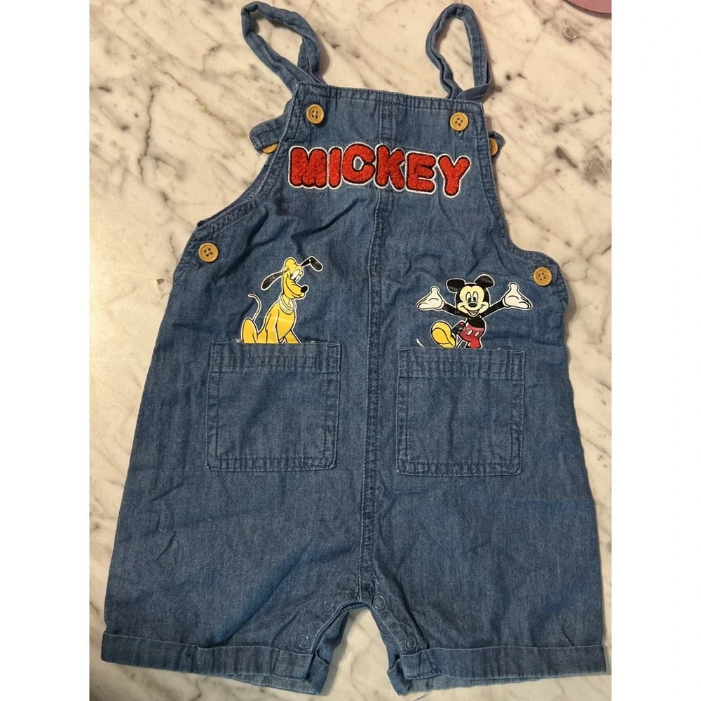Disney Baby Mickey Mouse Pluto Blue Denim Shortall Overalls Toddler 18M Playwear